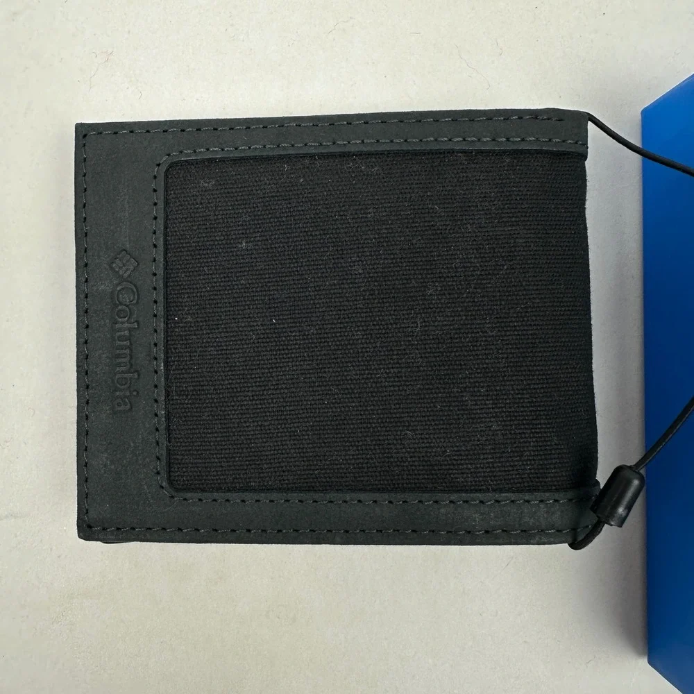 Columbia Mens Black Leather Bifold Wallet RFID Blocking Canvas Inlay Card Holder